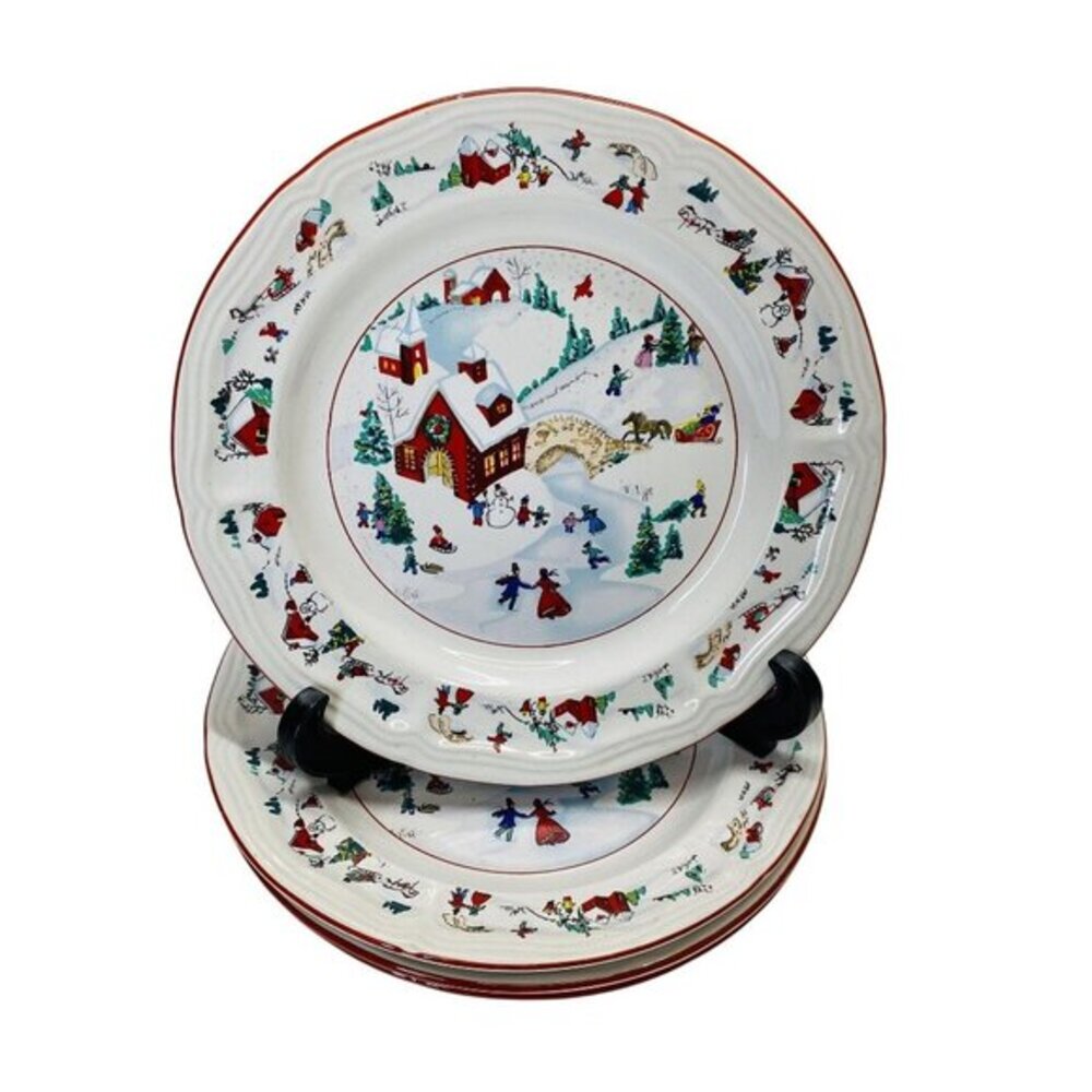 Farberware Holiday Village Porcelain 8" Salad Plates Christmas Scene Set